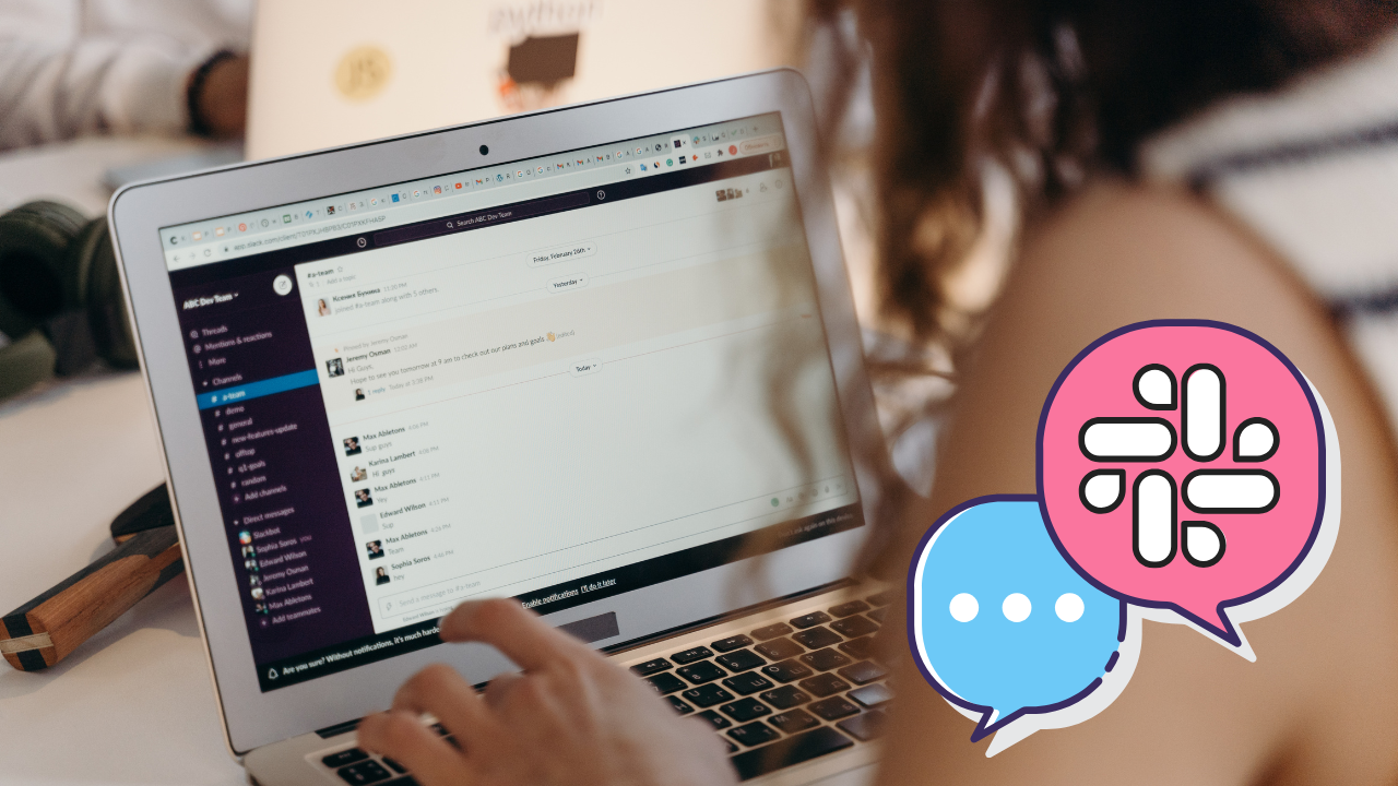 Person using Slack, with the Slack logo shown on screen
