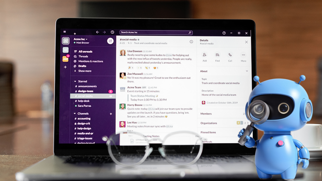 Illustration of a laptop showing Slack with a robot examining it through a magnifying glass, representing SalesFix's Slack Health Check assessment